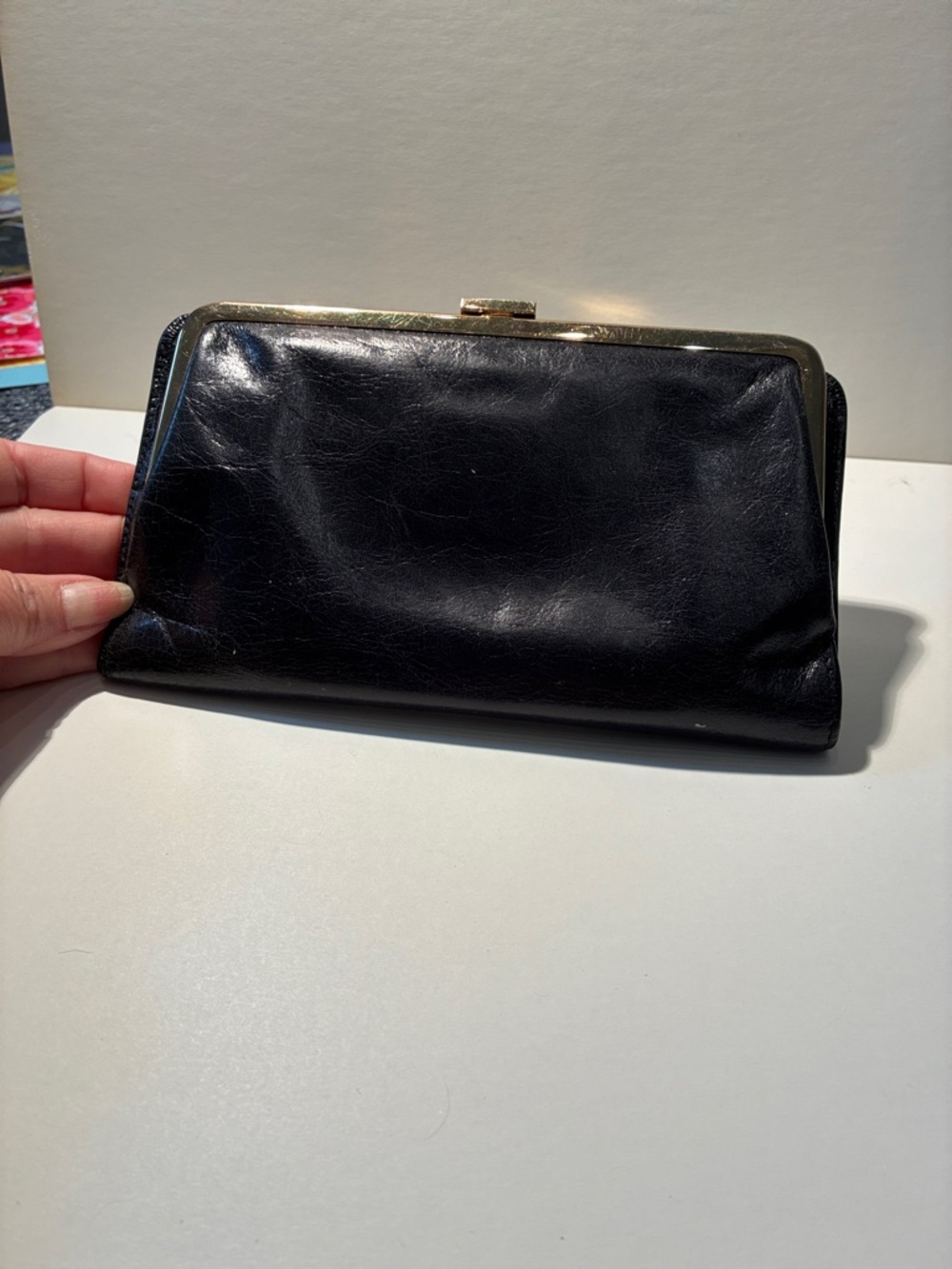 HOBO Black Leather Clasp Wallet with Gold Frame